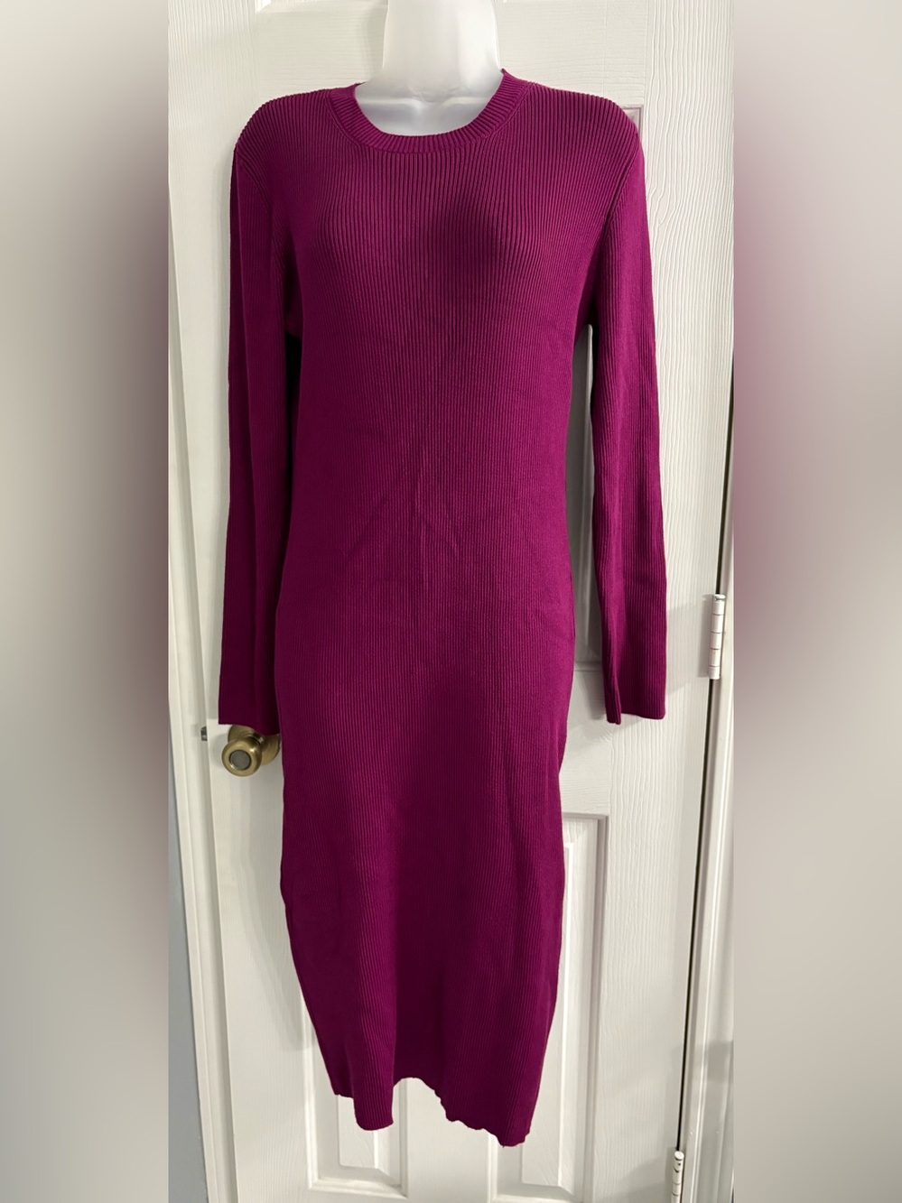 Nine West Fitted Ribbed Long-Sleeve Dress in Deep Fuchsia